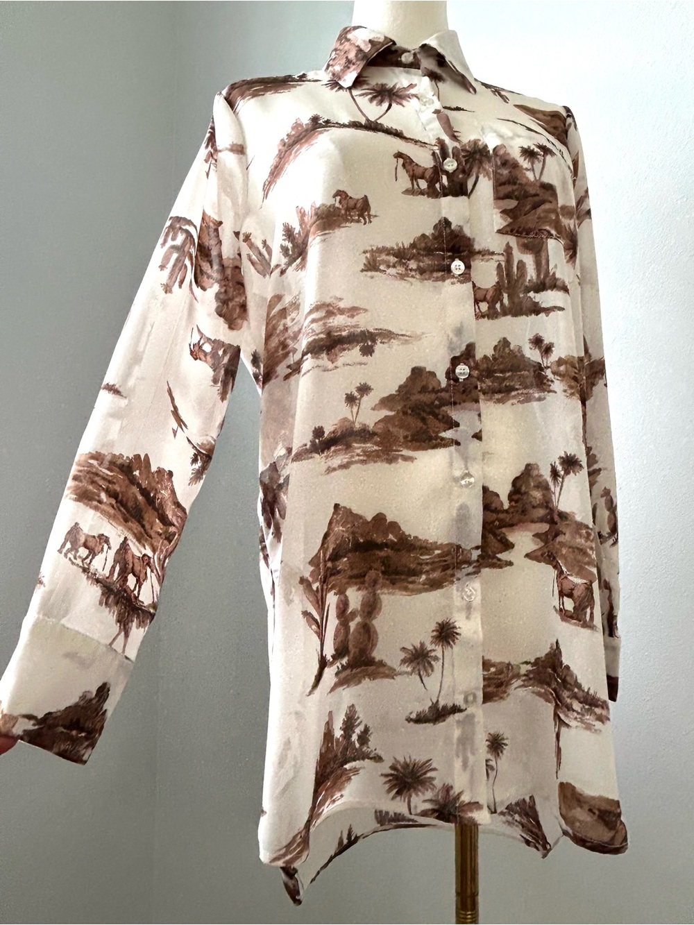 Alkemy Western White Brown Sheer Desert Horse Print Tunic Top Womens M